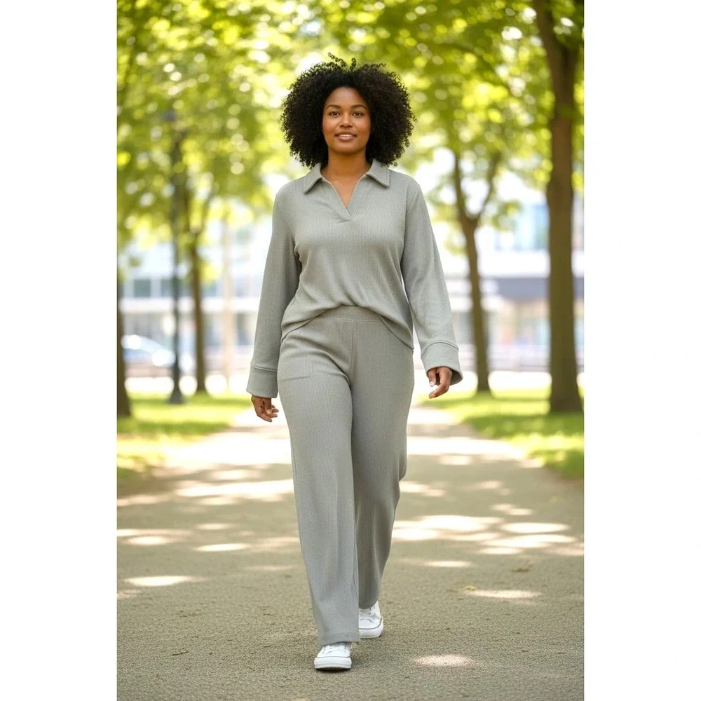 (H-237) Cuddl Duds Lounge Set Women TS Gray 2PC Top & Pants Soft Stretch QVC New